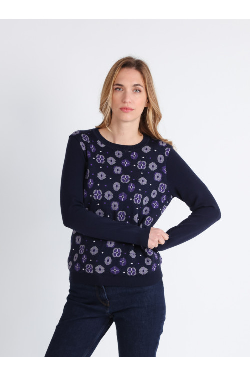 Pull jacquard en laine col rond - 1 Monsieur Solfin | Fabriqué en France