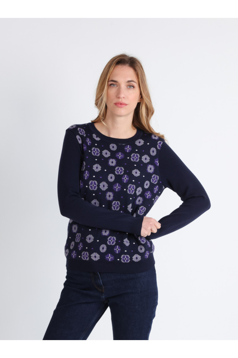 Pull jacquard en laine col rond - 1 Monsieur Solfin | Fabriqué en France